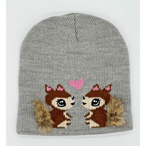 H&M Girls Beanie Knit Hat Bushy Tail Squirrels Pink Heart Love Size 4-8 Years